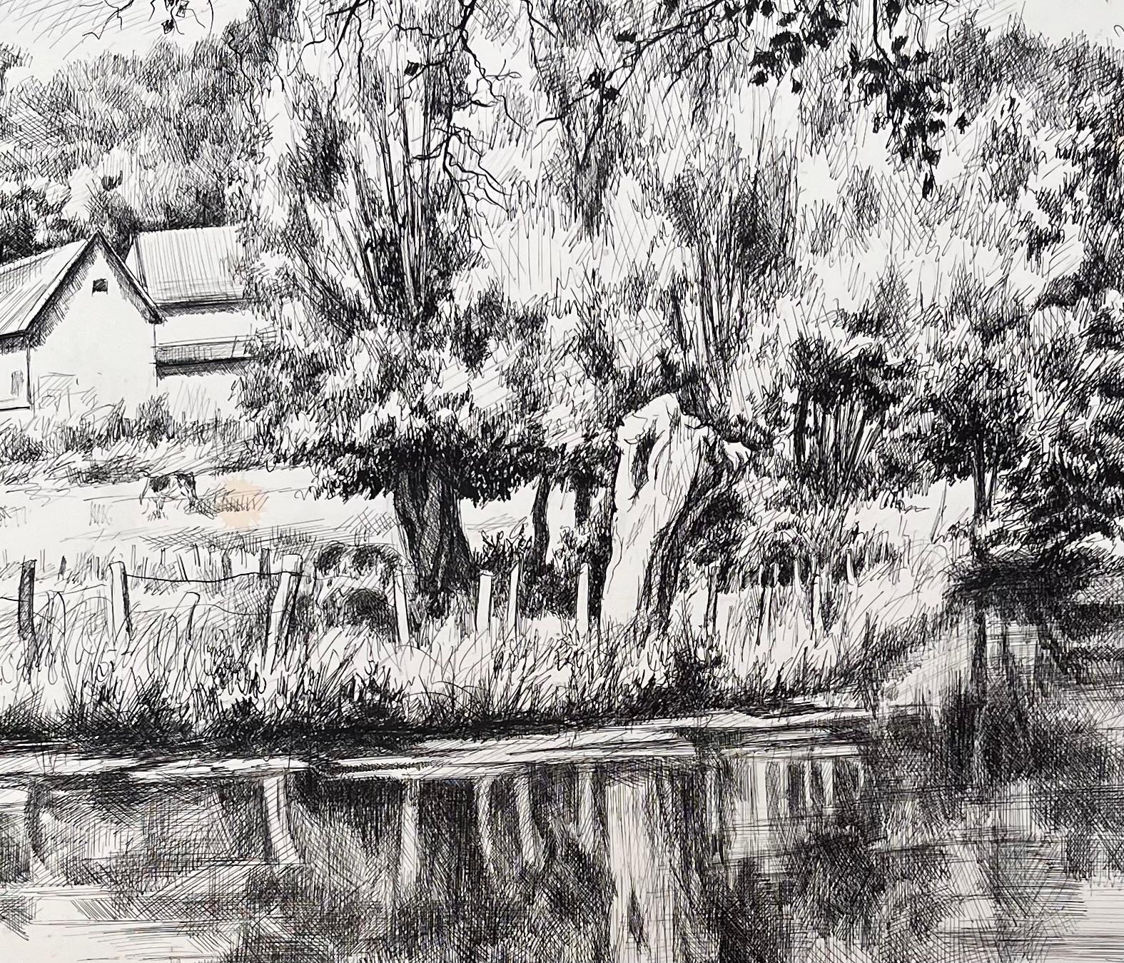 Französische Original-Tinte-Zeichnung einer Fluss-Szene mit Boot, Mitte des Jahrhunderts (Grau), Landscape Painting, von Josine Vignon