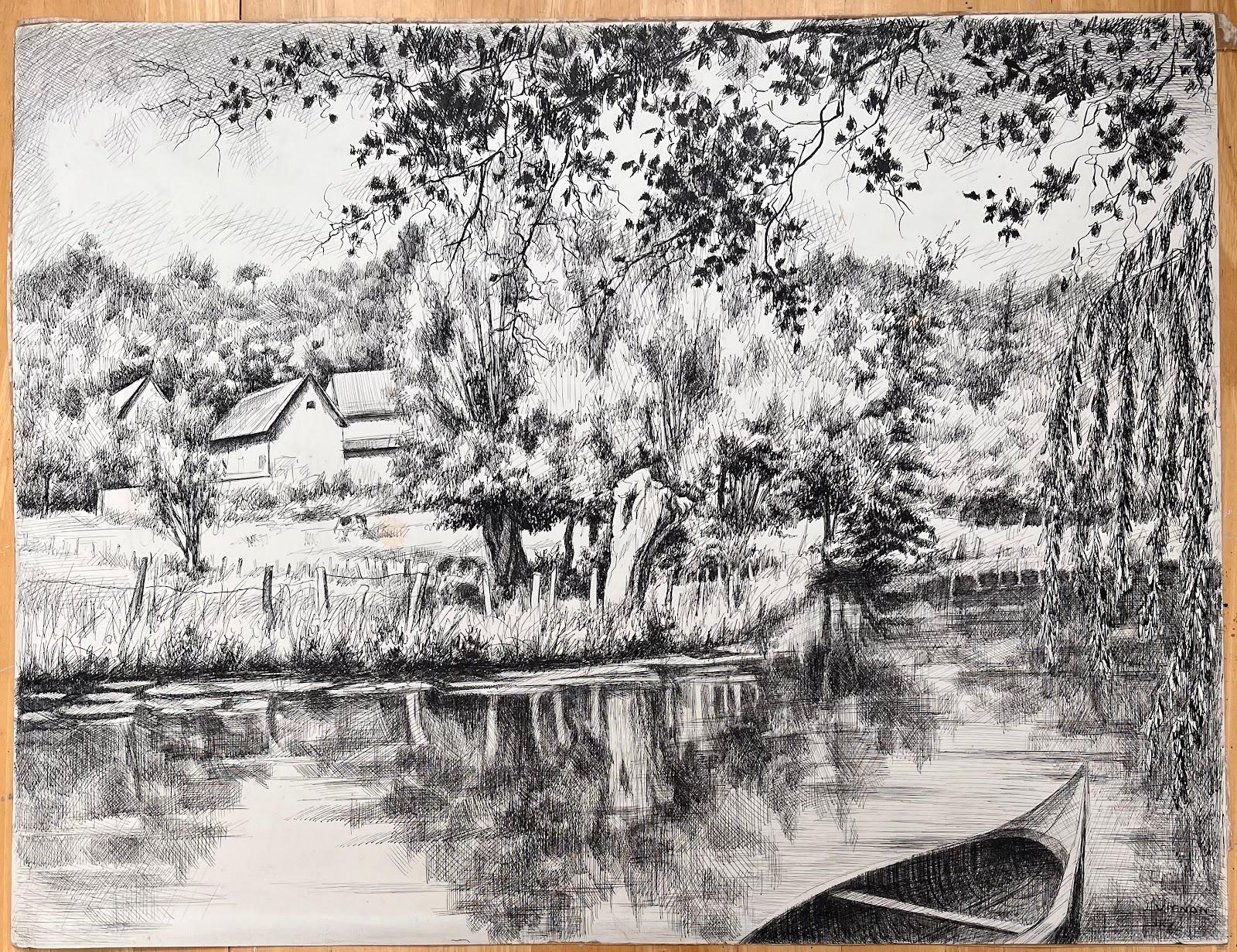 Mid Century French Original Ink Drawing of a Riverside Scene with Boat