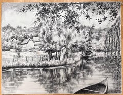 Disegno originale a inchiostro di metà secolo francese di una scena di fiume con barca