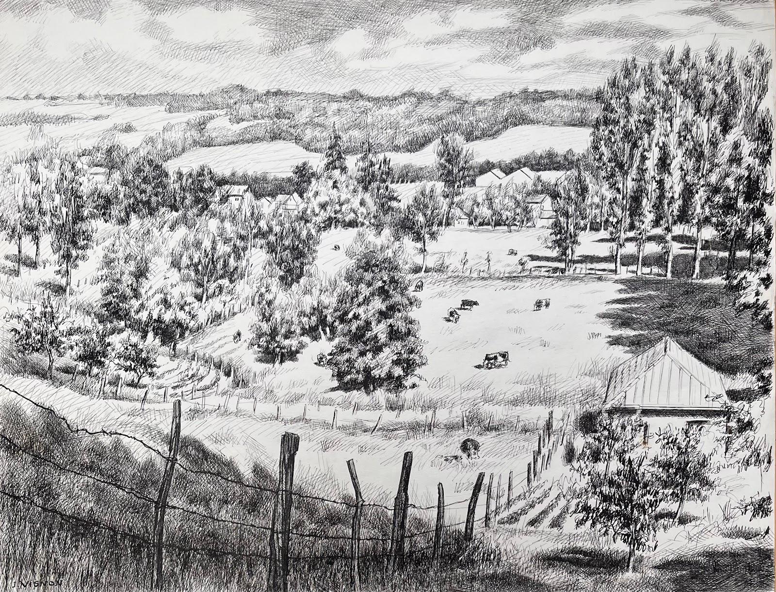 Französische Original-Tinte-Zeichnung einer ländlichen Landschaft mit Kühen, Mitte des Jahrhunderts – Painting von Josine Vignon