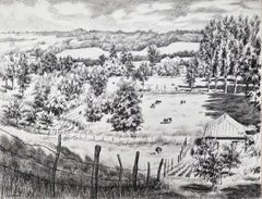 Disegno originale a inchiostro di un paesaggio rurale con mucche, risalente alla metà del secolo scorso.