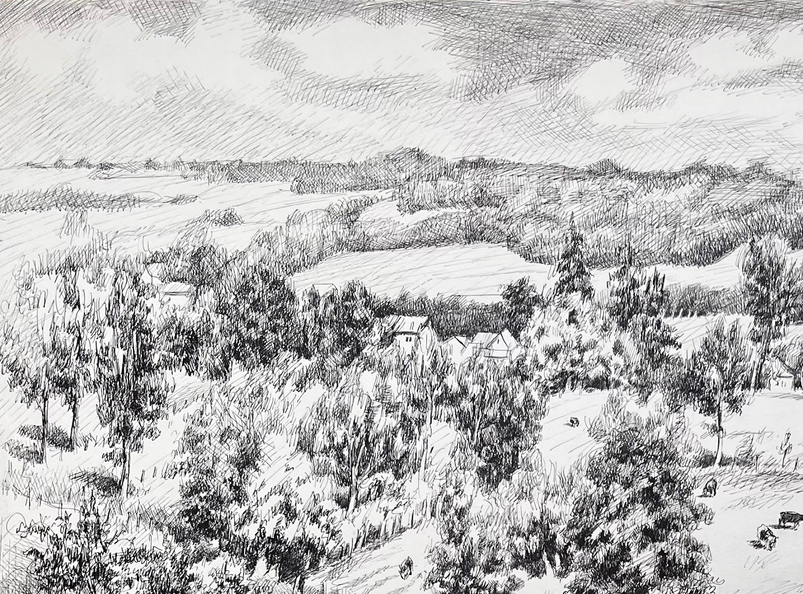 Französische Original-Tinte-Zeichnung einer ländlichen Landschaft mit Kühen, Mitte des Jahrhunderts (Impressionismus), Painting, von Josine Vignon
