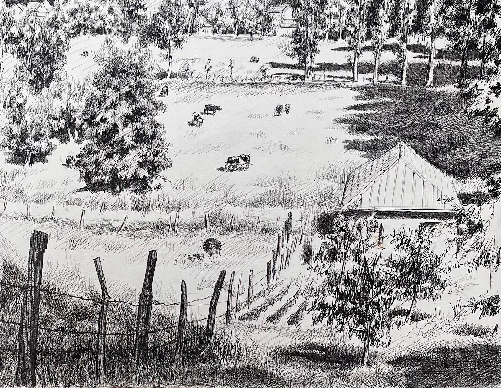 Französische Original-Tinte-Zeichnung einer ländlichen Landschaft mit Kühen, Mitte des Jahrhunderts (Grau), Landscape Painting, von Josine Vignon
