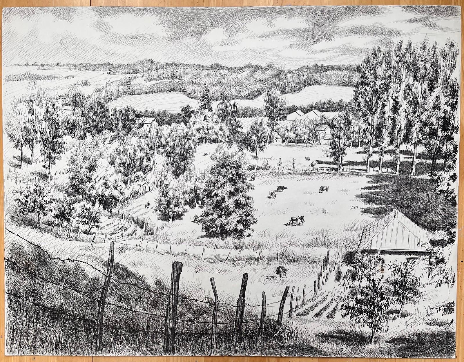 Mid Century French Original Ink Drawing of a Rural Landscape with Cows