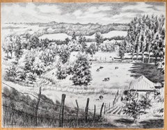 Disegno originale a inchiostro di un paesaggio rurale con mucche, risalente alla metà del secolo scorso.