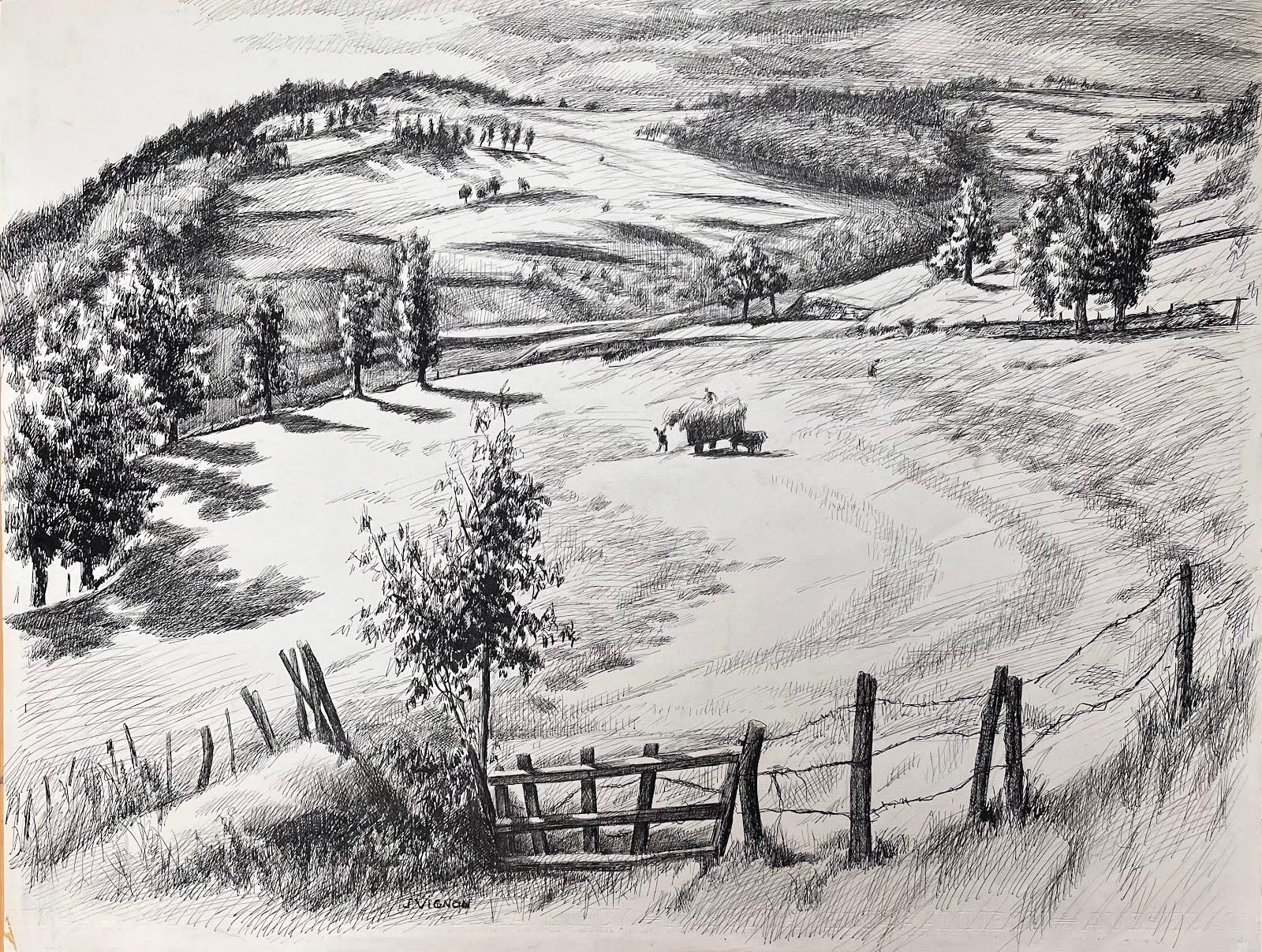 Französische Original-Tinte-Zeichnung einer ländlichen Landschaft mit Hay-Wagon aus der Mitte des Jahrhunderts – Painting von Josine Vignon