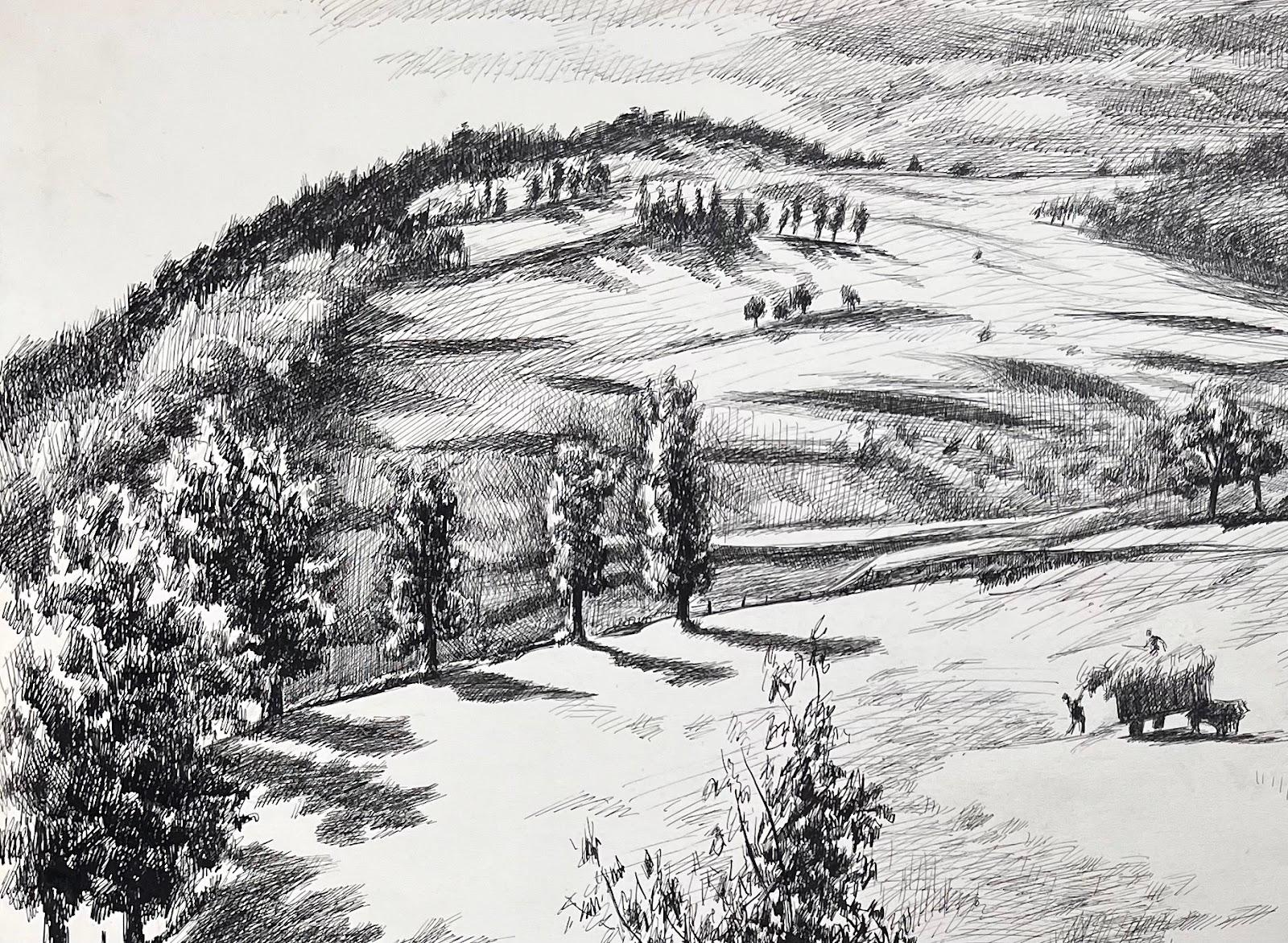 Französische Original-Tinte-Zeichnung einer ländlichen Landschaft mit Hay-Wagon aus der Mitte des Jahrhunderts (Impressionismus), Painting, von Josine Vignon