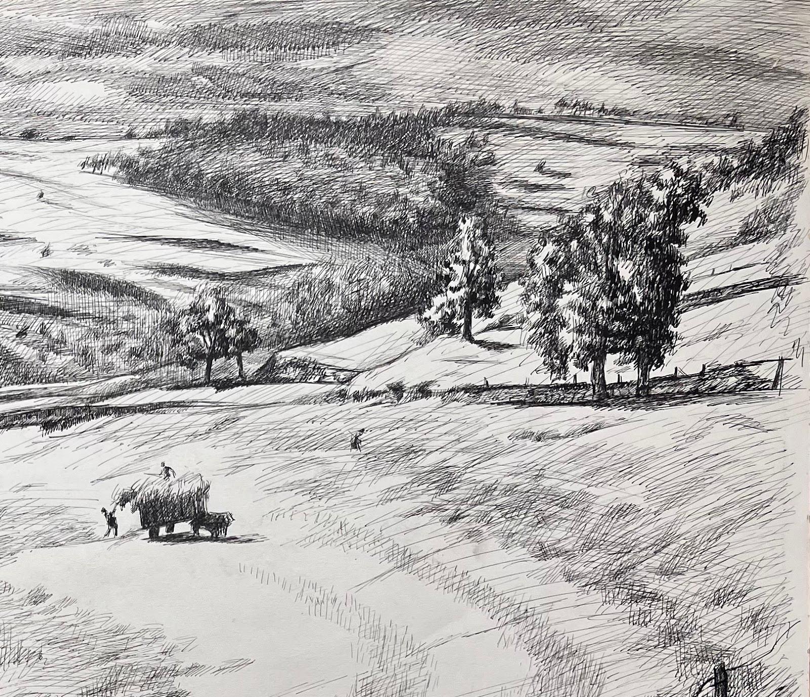 Französische Original-Tinte-Zeichnung einer ländlichen Landschaft mit Hay-Wagon aus der Mitte des Jahrhunderts (Grau), Landscape Painting, von Josine Vignon