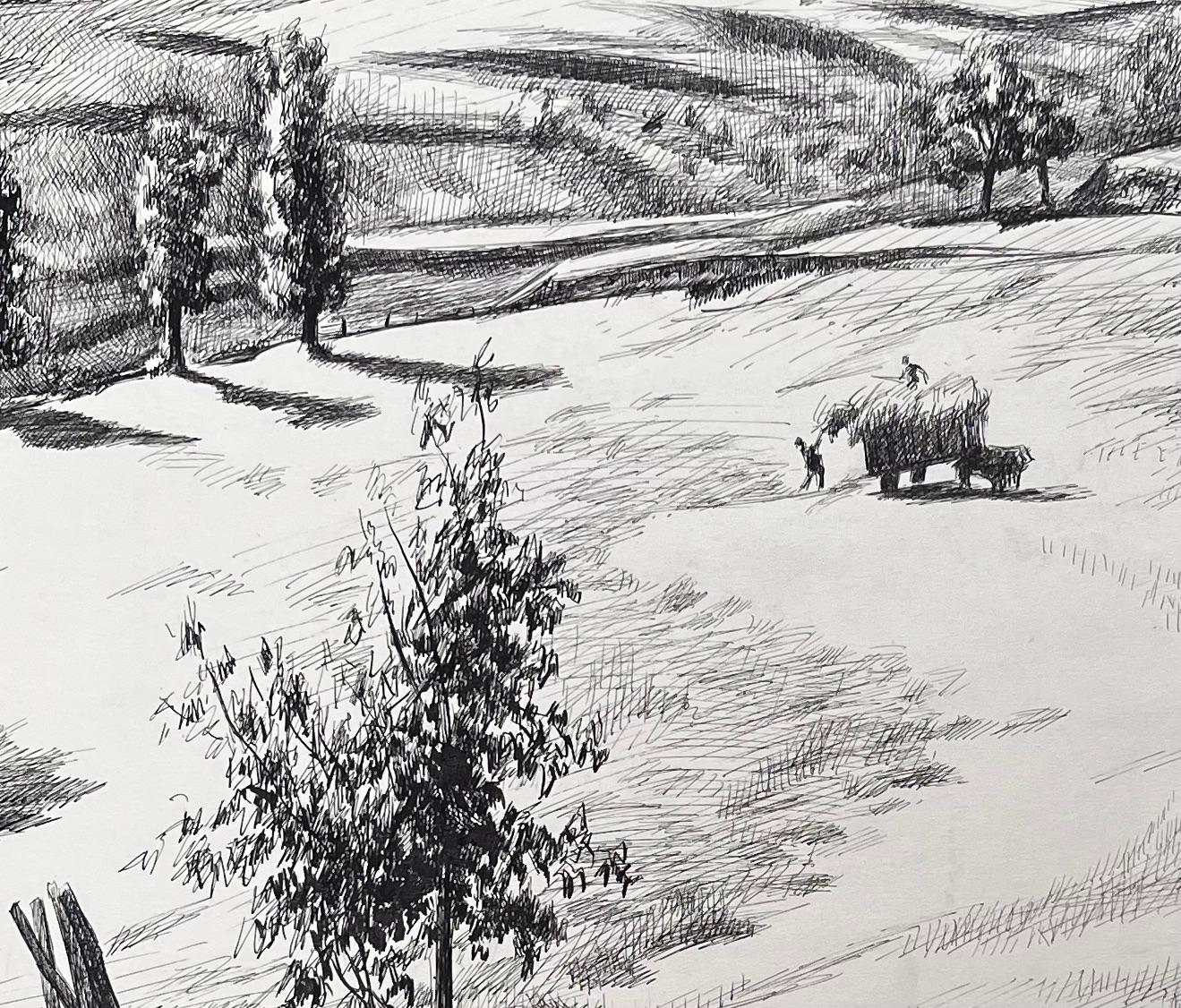 Französische Original-Tinte-Zeichnung einer ländlichen Landschaft mit Hay-Wagon aus der Mitte des Jahrhunderts im Angebot 1