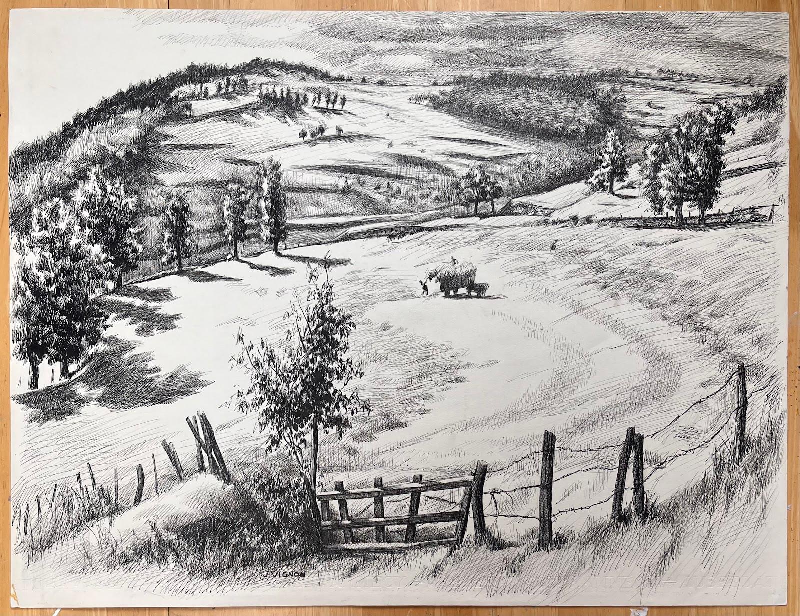 Josine Vignon Landscape Painting – Französische Original-Tinte-Zeichnung einer ländlichen Landschaft mit Hay-Wagon aus der Mitte des Jahrhunderts
