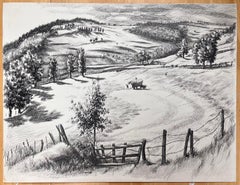Französische Original-Tinte-Zeichnung einer ländlichen Landschaft mit Hay-Wagon aus der Mitte des Jahrhunderts