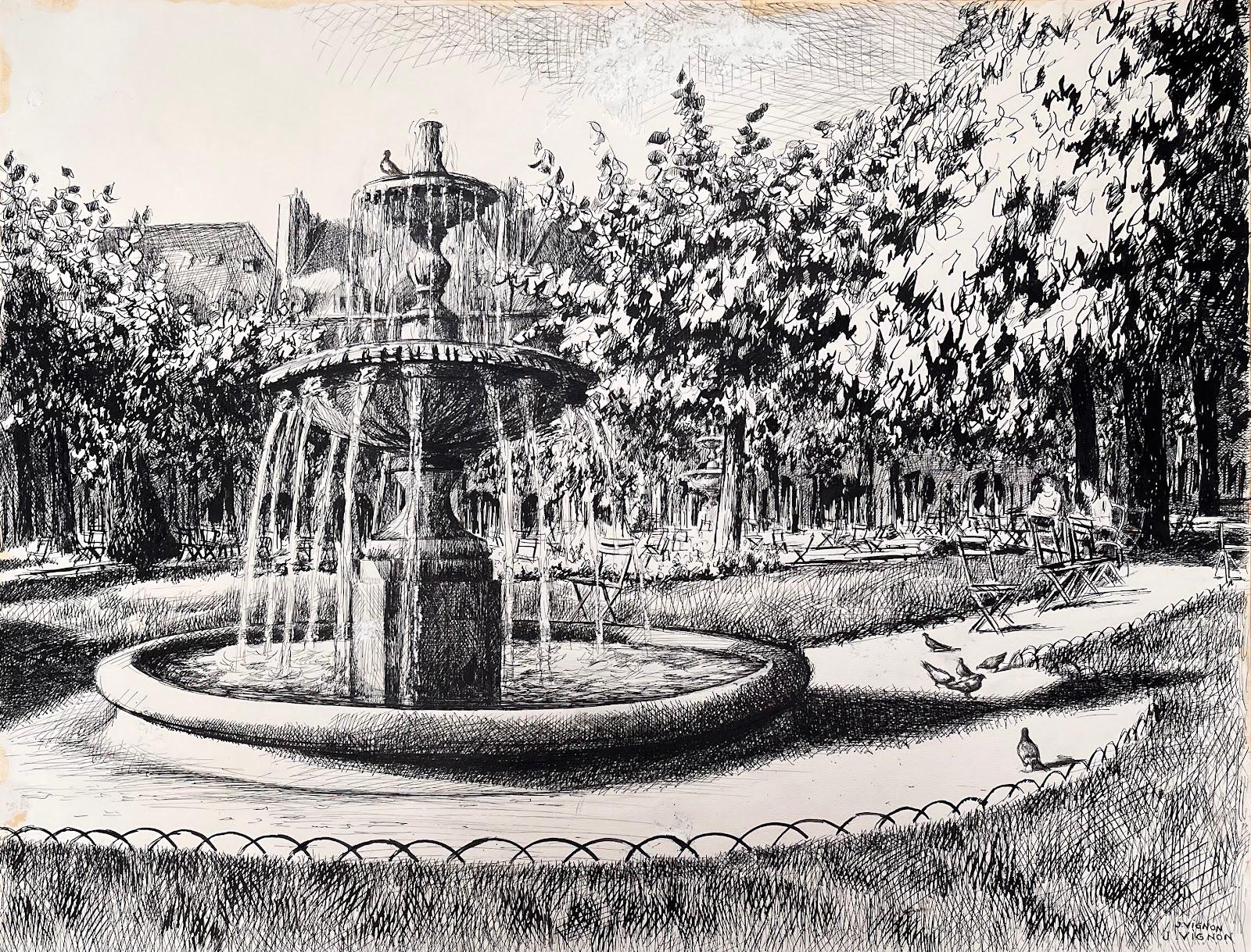 Französische Original-Tintenzeichnung des Place des Vosges aus der Mitte des Jahrhunderts (Paris 1970) – Painting von Josine Vignon