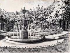 Mid Century French Original Ink Drawing of Place des Vosges (Paris 1970)