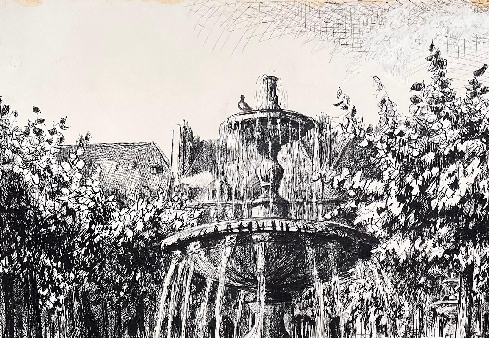 Französische Original-Tintenzeichnung des Place des Vosges aus der Mitte des Jahrhunderts (Paris 1970) (Impressionismus), Painting, von Josine Vignon
