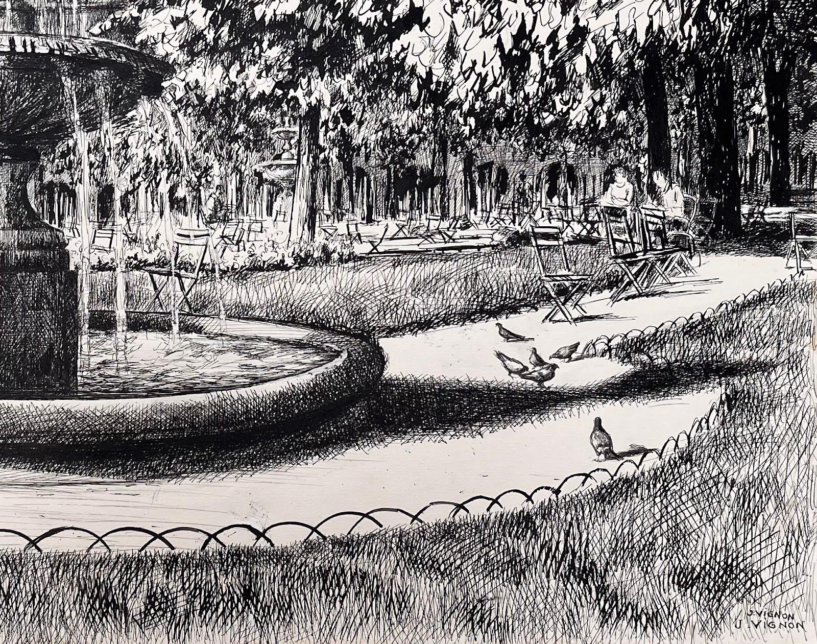 Französische Original-Tintenzeichnung des Place des Vosges aus der Mitte des Jahrhunderts (Paris 1970) (Grau), Landscape Painting, von Josine Vignon