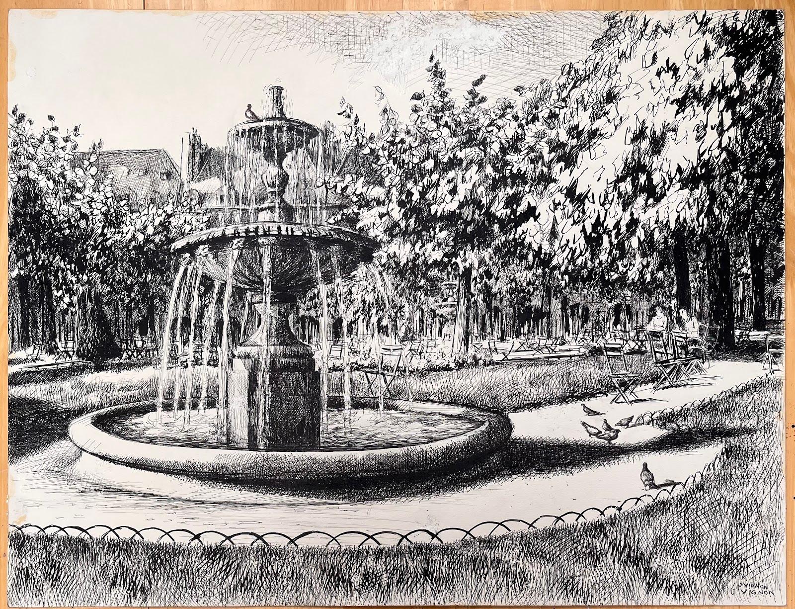 Französische Original-Tintenzeichnung des Place des Vosges aus der Mitte des Jahrhunderts (Paris 1970)