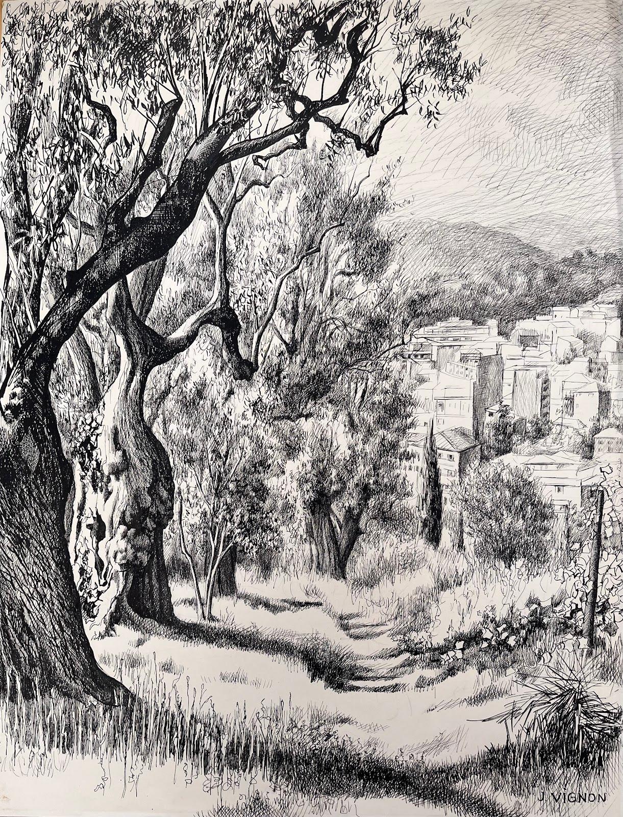 Disegno originale a inchiostro della metà del secolo scorso - Vista urbana attraverso gli alberi di Oliver - Art di Josine Vignon