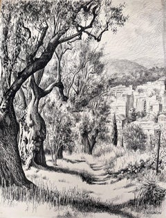 Mid Century French Original Ink Drawing - Urban View through Olive Trees