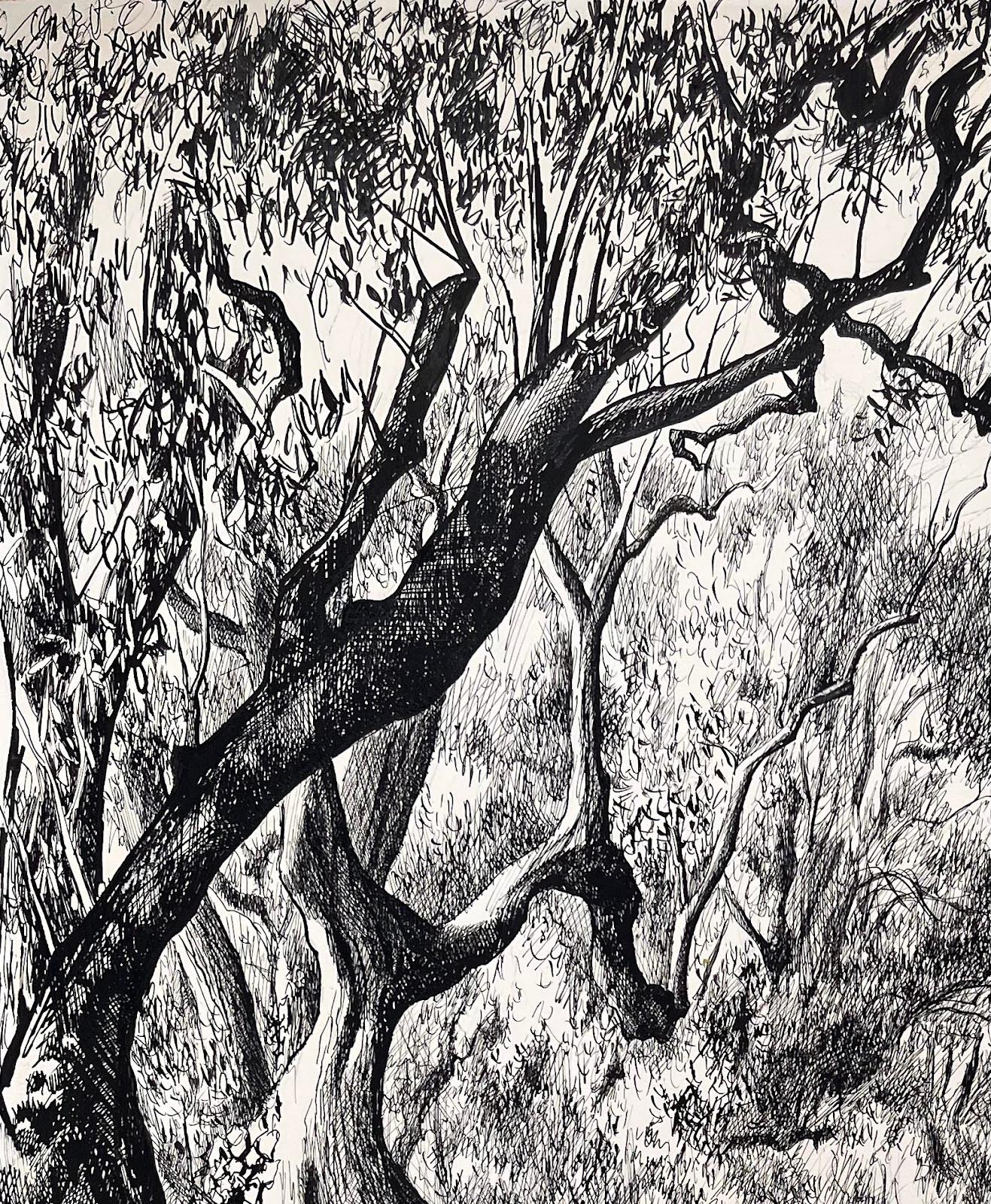 Disegno originale a inchiostro della metà del secolo scorso - Vista urbana attraverso gli alberi di Oliver - Art Impressionismo di Josine Vignon