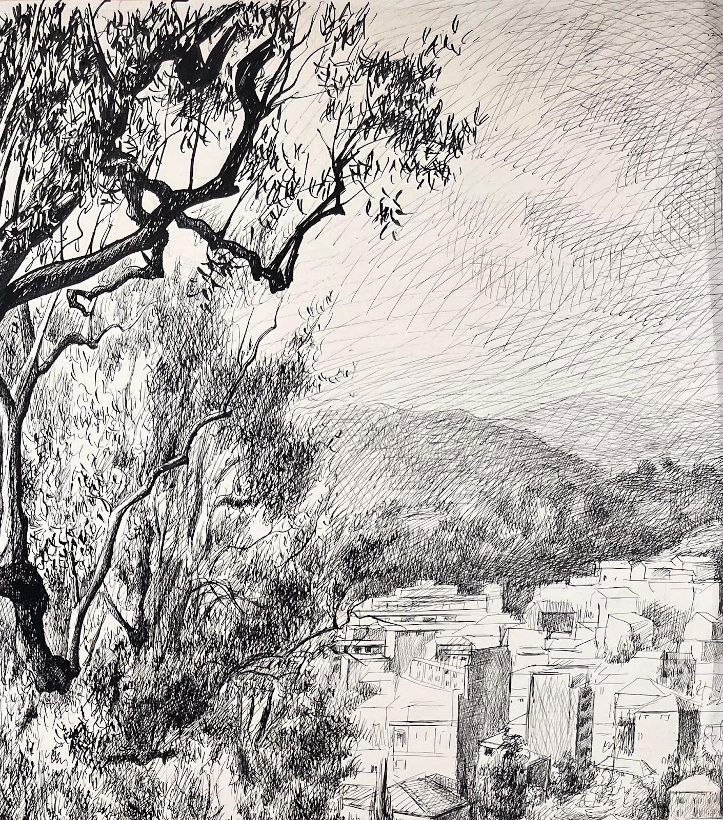 Disegno originale a inchiostro della metà del secolo scorso - Vista urbana attraverso gli alberi di Oliver - Landscape Art Grigio di Josine Vignon