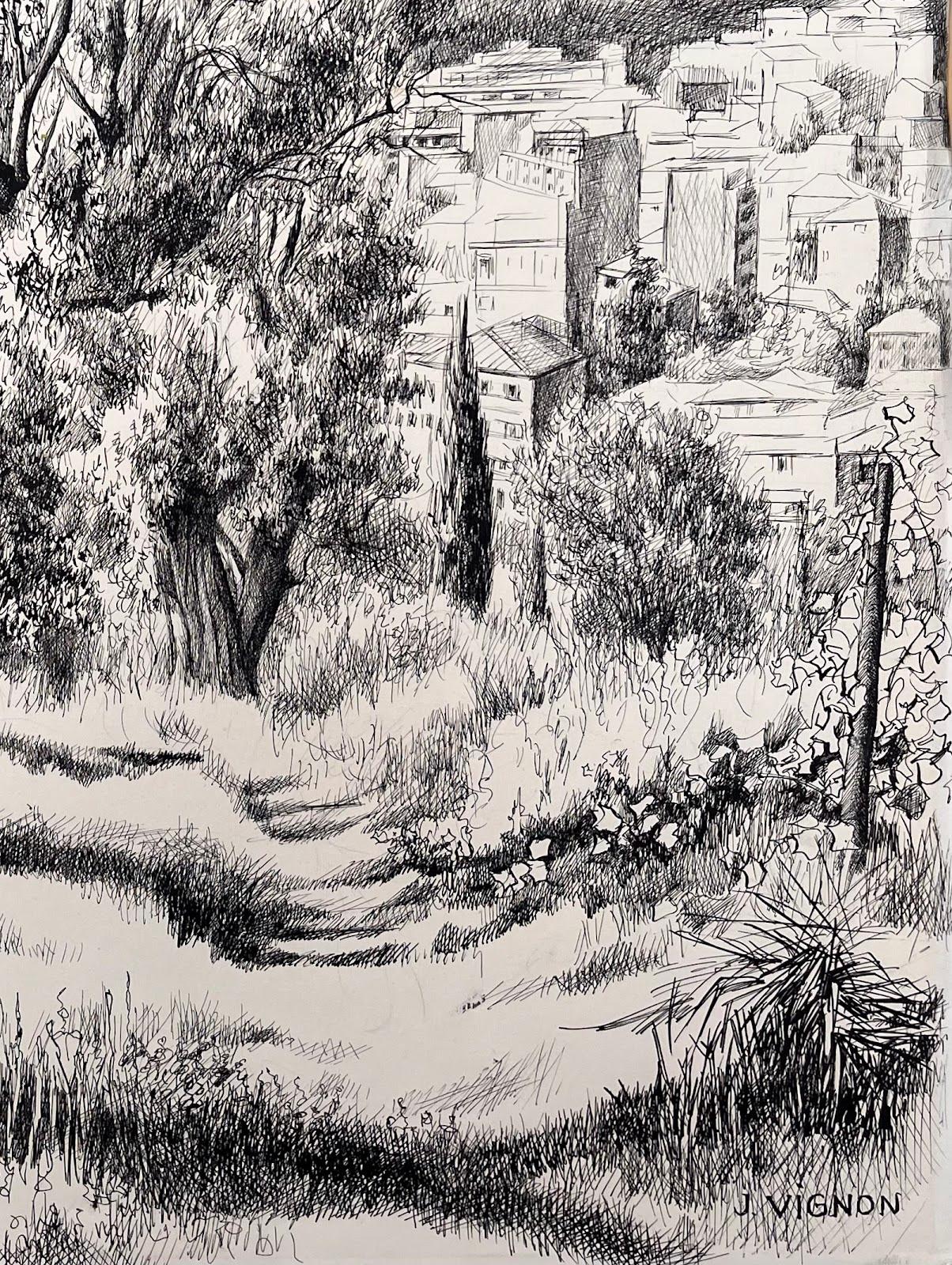 Disegno originale a inchiostro della metà del secolo scorso - Vista urbana attraverso gli alberi di Oliver in vendita 1