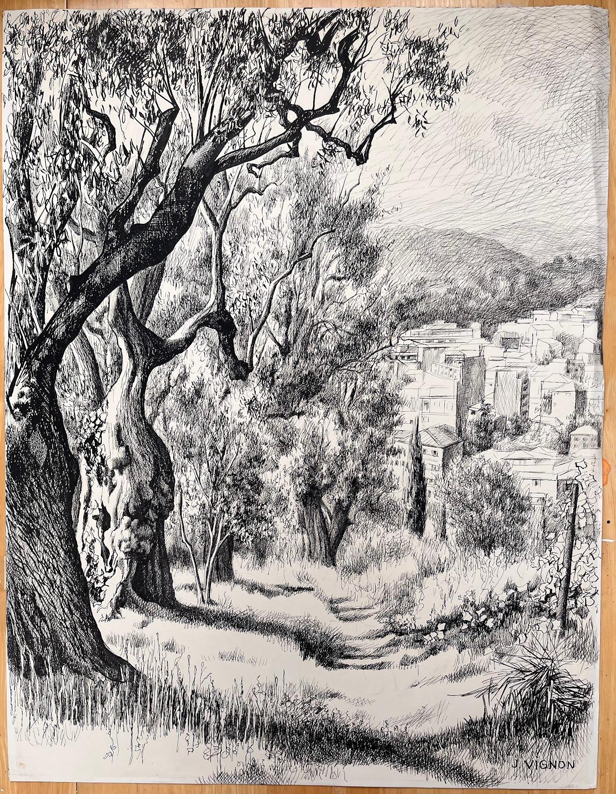 Landscape Art di Josine Vignon - Disegno originale a inchiostro della metà del secolo scorso - Vista urbana attraverso gli alberi di Oliver