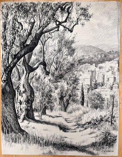 Französische Original-Tinte-Zeichnung aus der Mitte des Jahrhunderts – Stadtansicht durch Olivenbäume