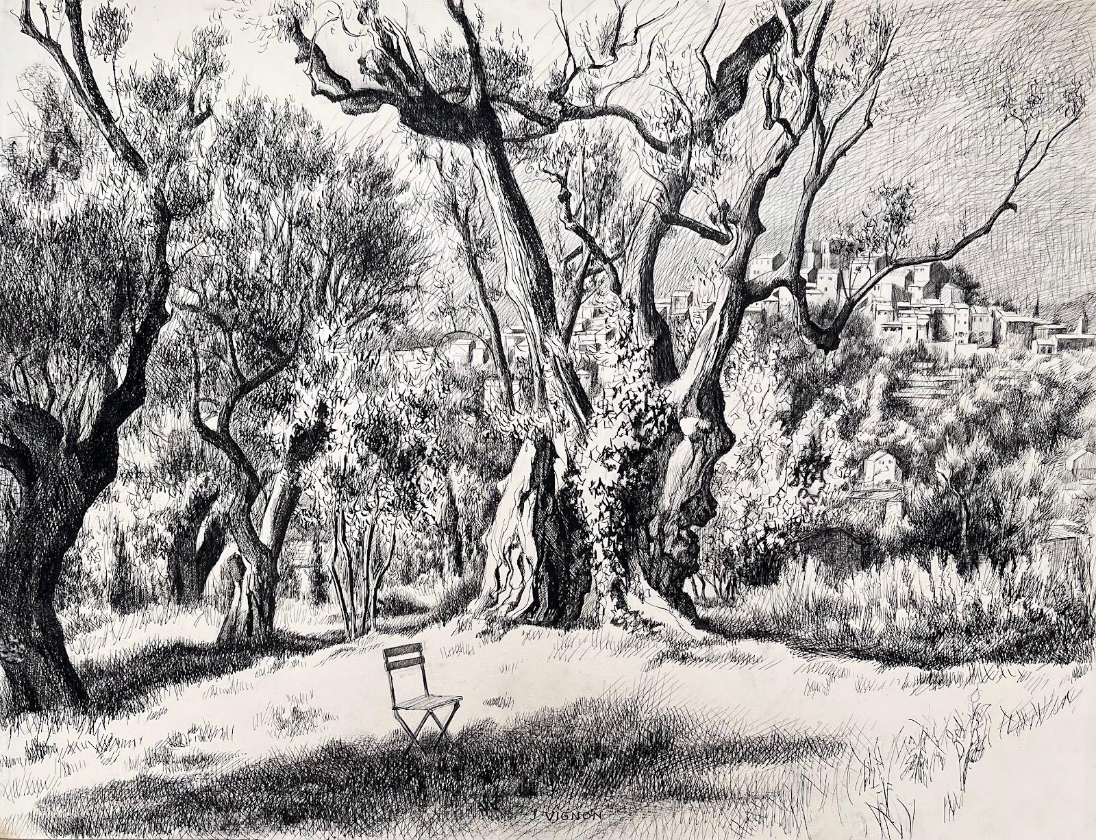 Dessin d'encre d'origine français du milieu du siècle - Vue d'oliviers et village surplombant - Painting de Josine Vignon