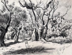 Disegno a inchiostro originale francese della metà del secolo scorso - Vista di alberi di ulivo e villaggio in collina