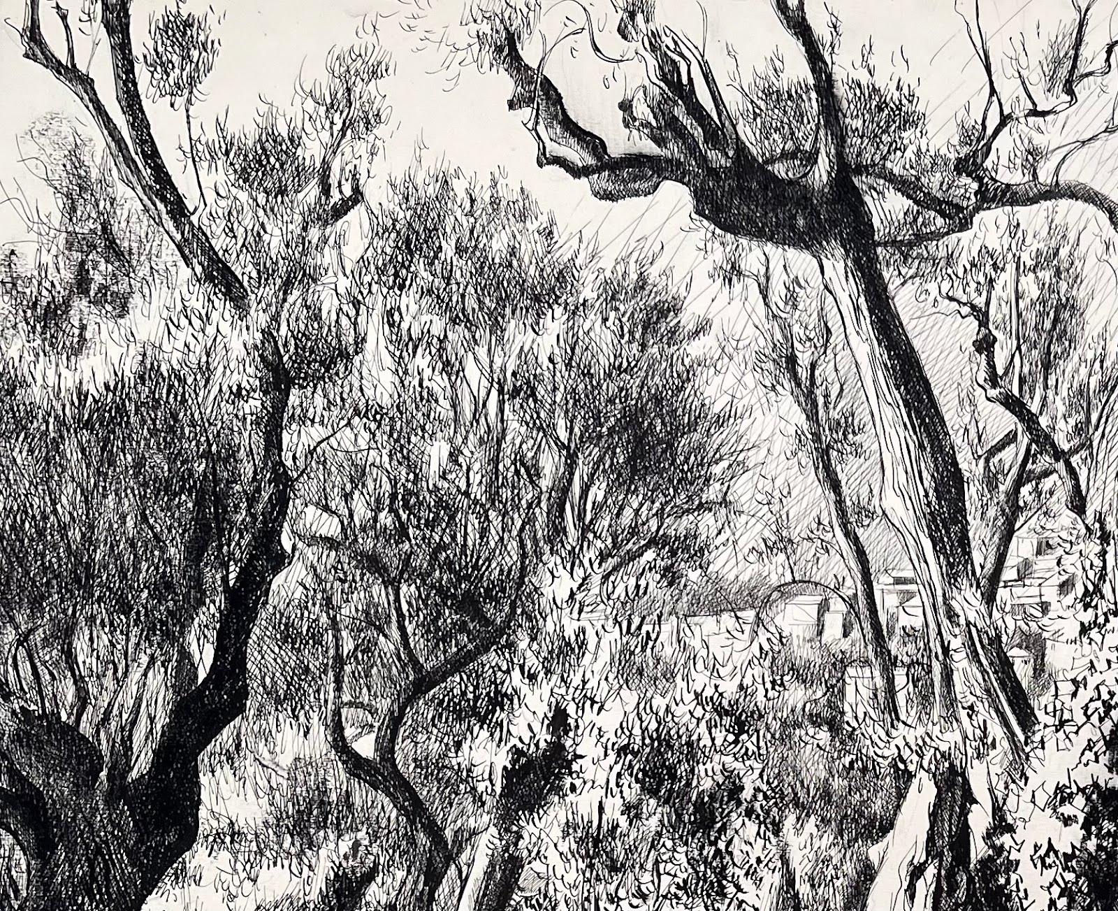 Dessin d'encre d'origine français du milieu du siècle - Vue d'oliviers et village surplombant - Impressionnisme Painting par Josine Vignon