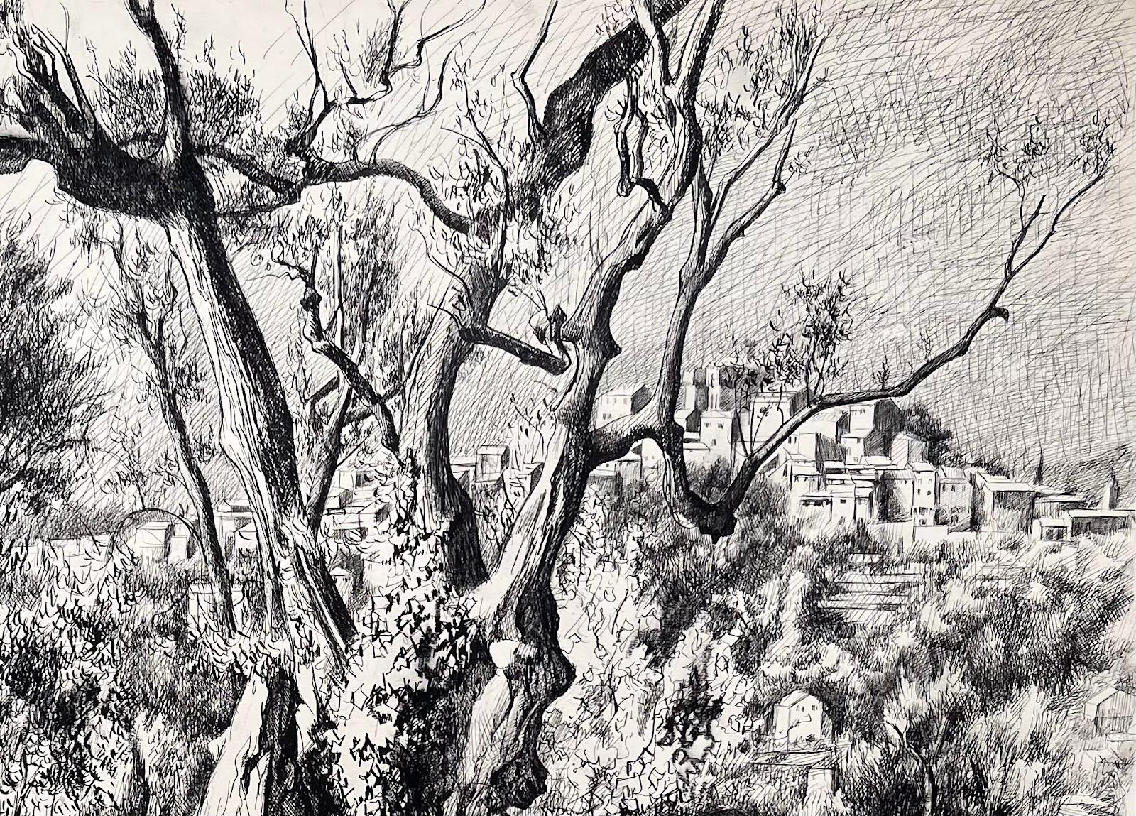 Dessin d'encre d'origine français du milieu du siècle - Vue d'oliviers et village surplombant - Gris Landscape Painting par Josine Vignon