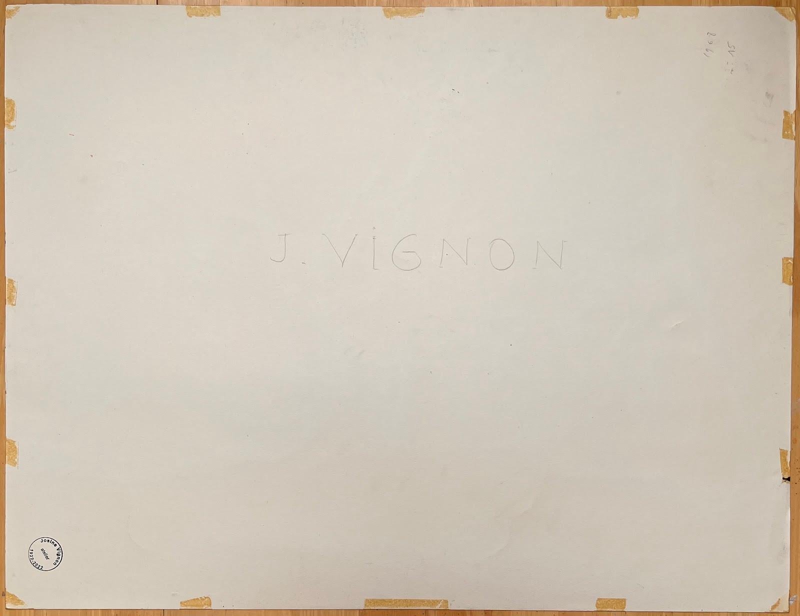 Dessin d'encre d'origine français du milieu du siècle - Vue d'oliviers et village surplombant en vente 1