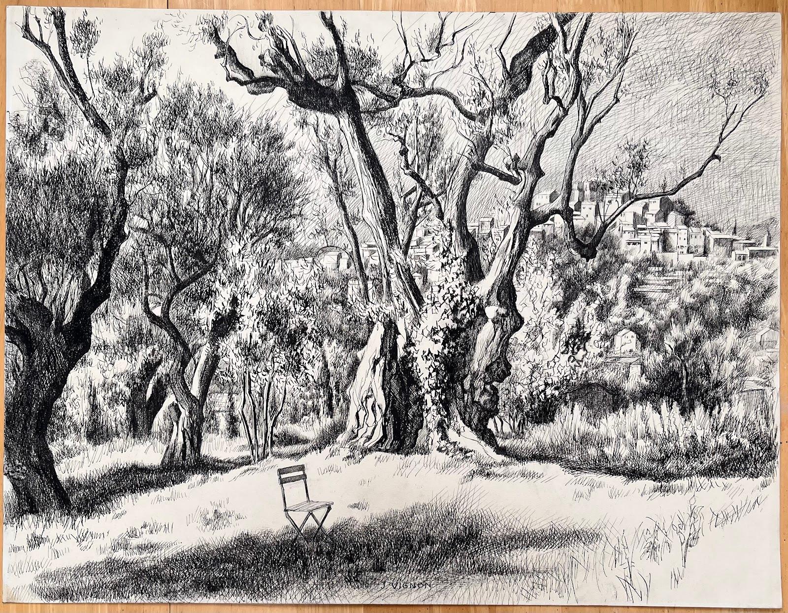 Mid Century French Original Ink Drawing - View of Olive Trees & Hilltop Village