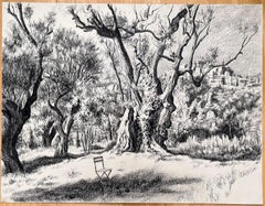 Mid Century French Original Ink Drawing - View of Olive Trees & Hilltop Village