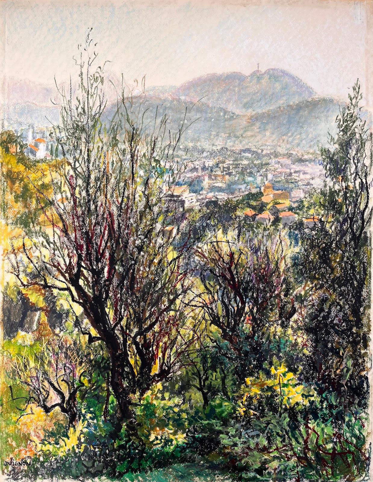 Mid Century Französisch Original-Gemälde eines Hillside Stadtlandschaft w / üppige Vegetation – Painting von Josine Vignon