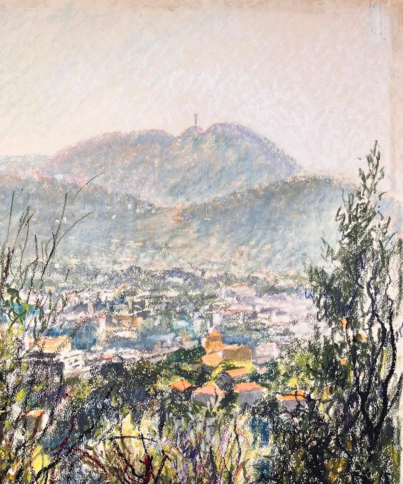 Mid Century Französisch Original-Gemälde eines Hillside Stadtlandschaft w / üppige Vegetation (Impressionismus), Painting, von Josine Vignon