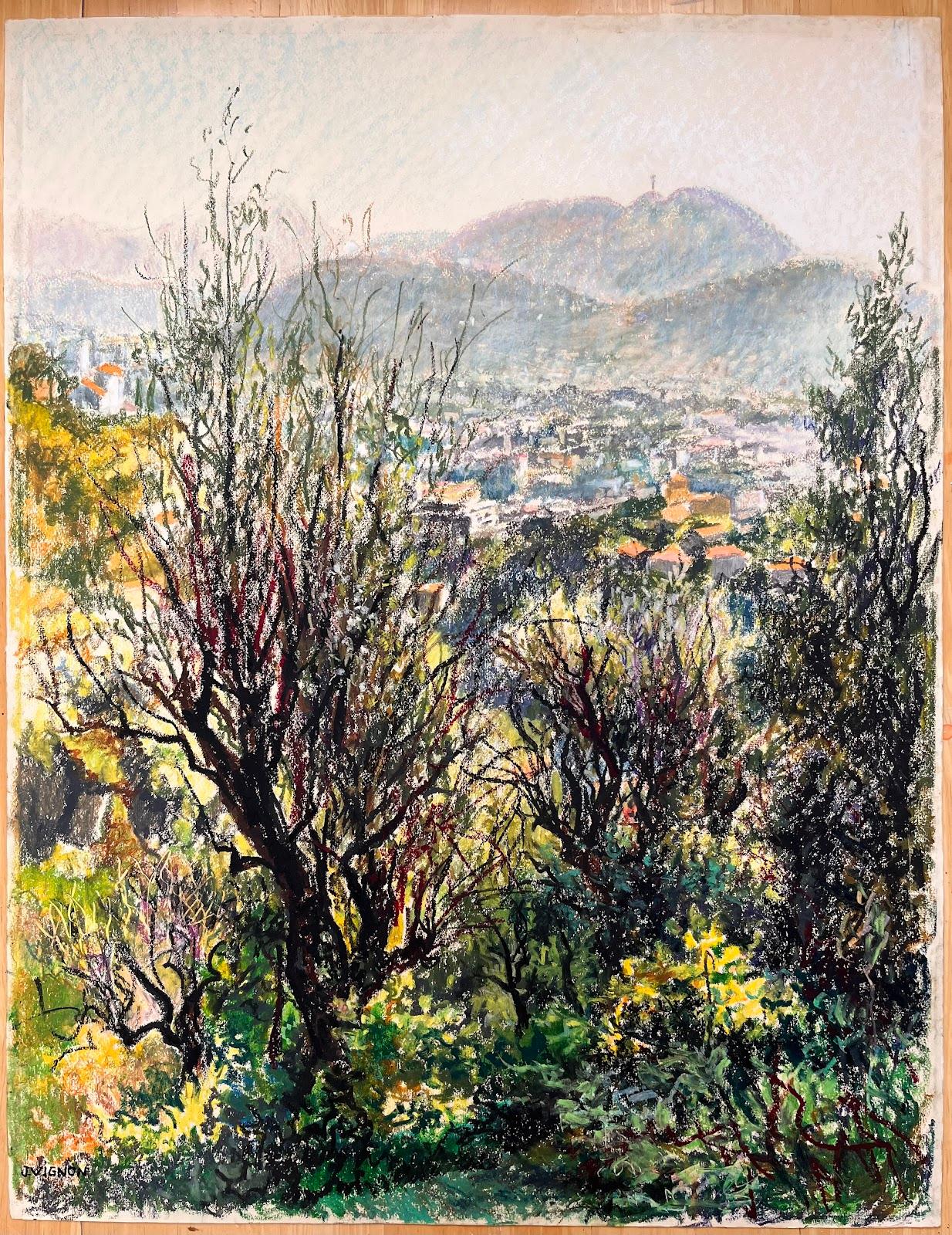 Mid Century French Original Painting of a Hillside Cityscape w/ Lush Vegetation