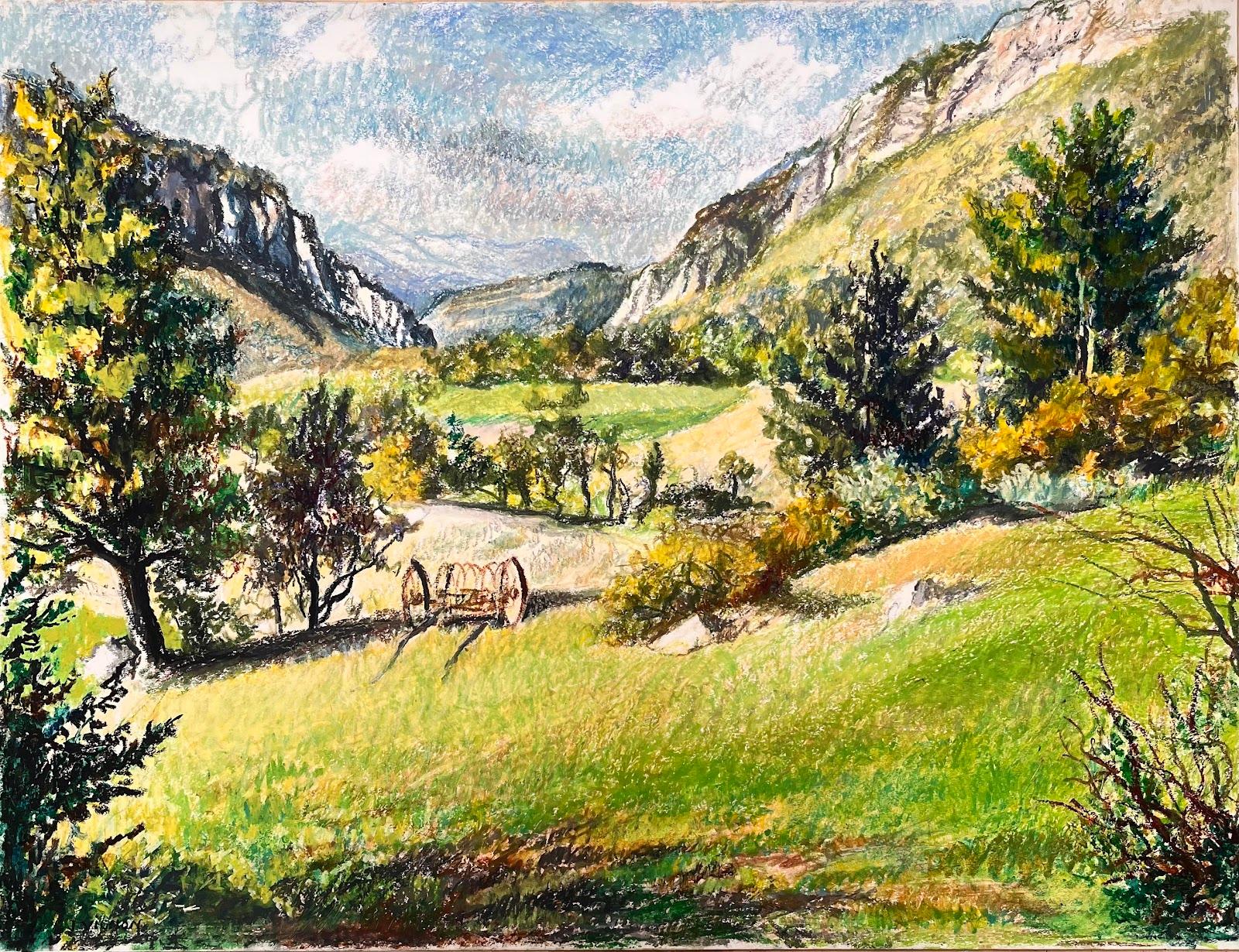 Pintura original francesa de mediados de siglo sobre un paisaje rural montañoso - Painting de Josine Vignon