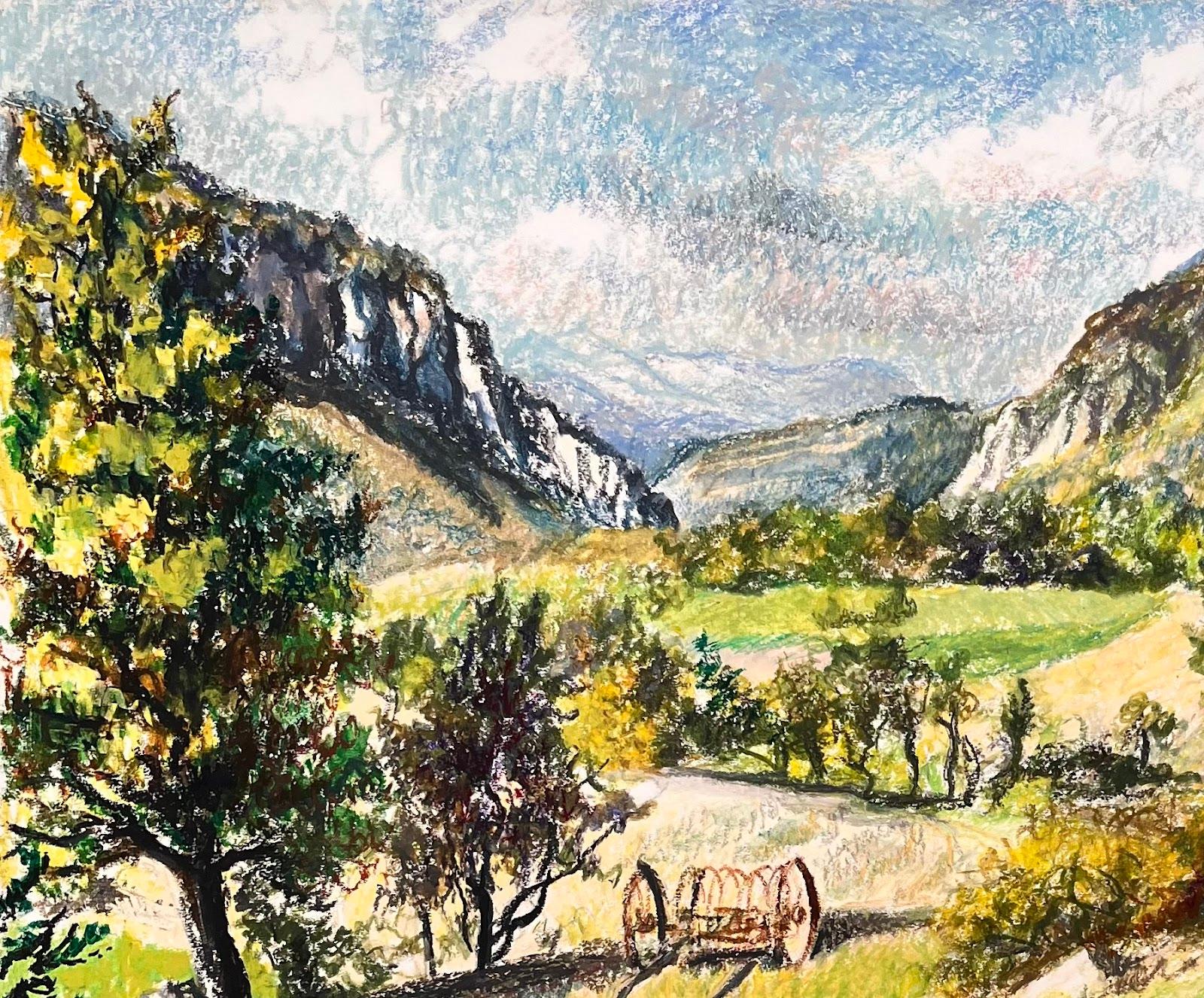 Pintura original francesa de mediados de siglo sobre un paisaje rural montañoso - Painting Impresionista de Josine Vignon