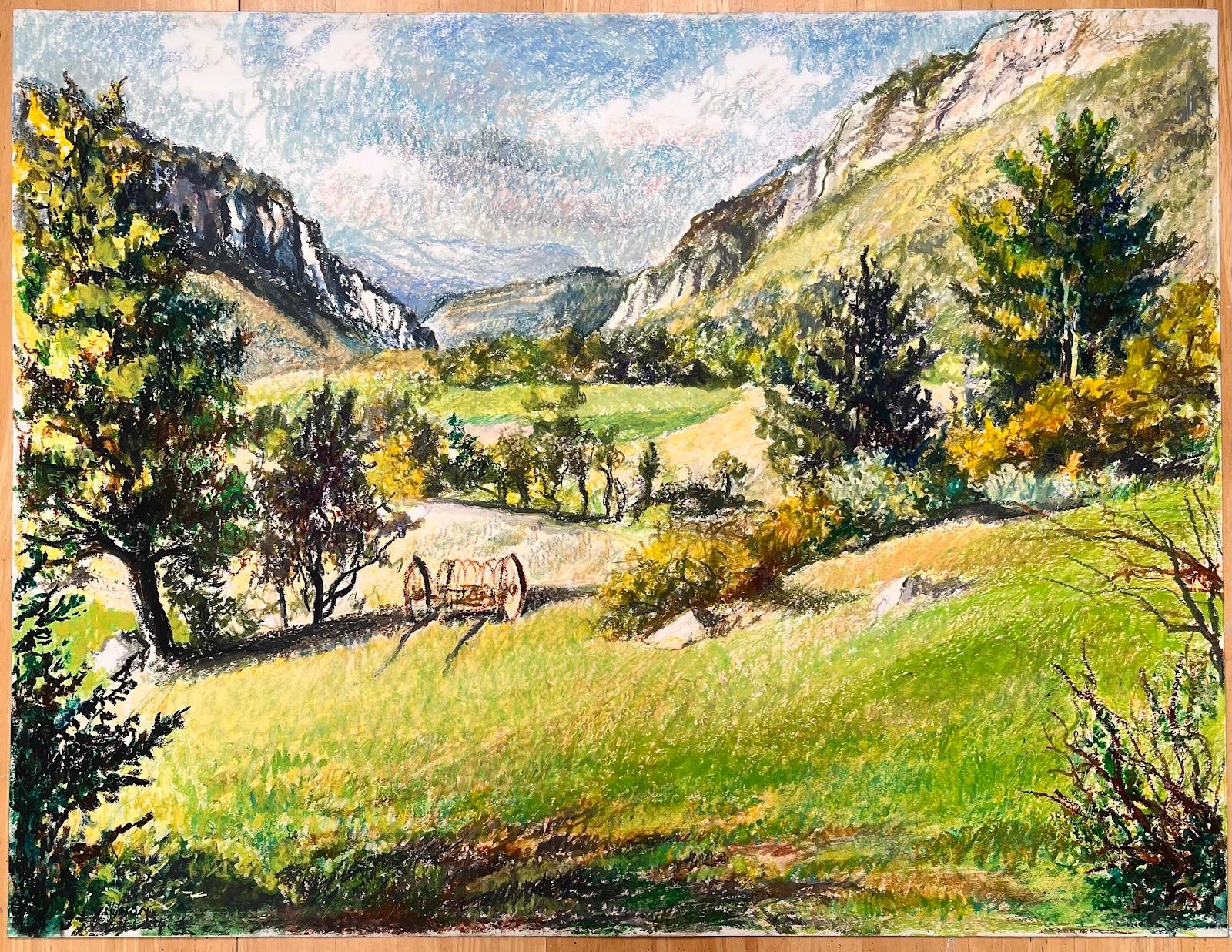 Landscape Painting de Josine Vignon - Pintura original francesa de mediados de siglo sobre un paisaje rural montañoso