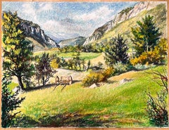 Peinture originale française du milieu du siècle représentant un paysage de campagne montagneuse