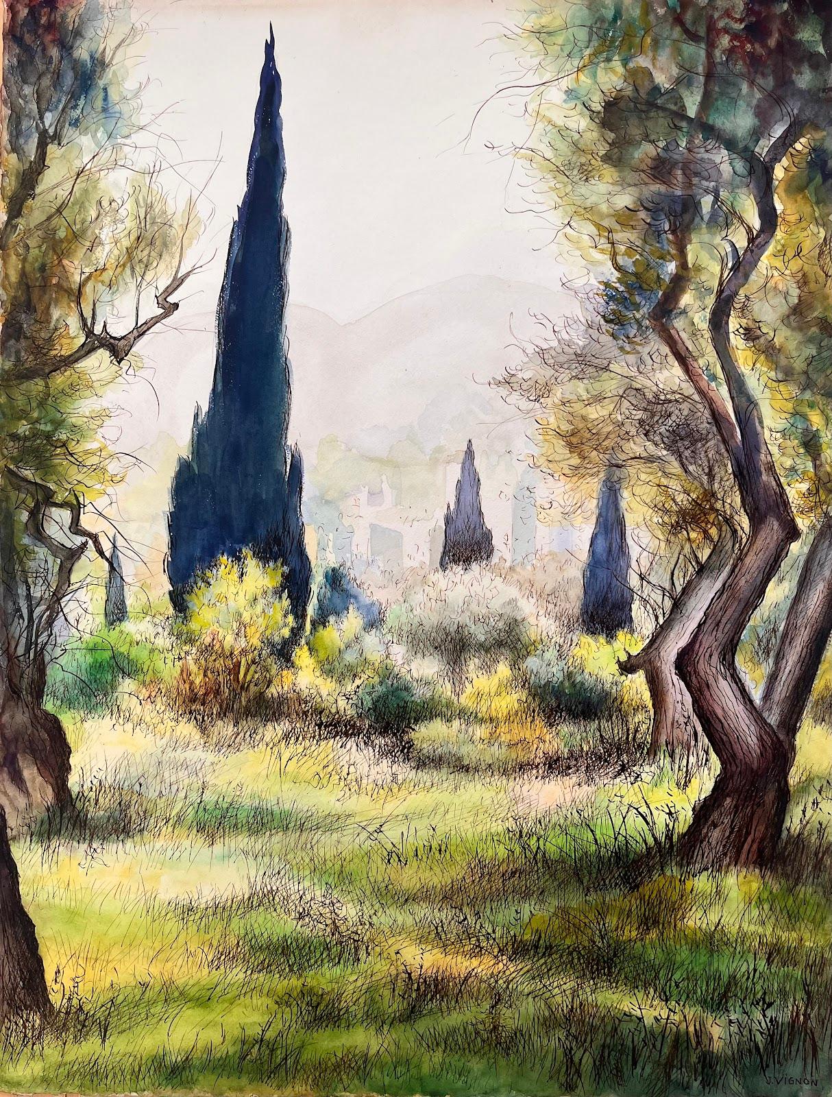 Cuadro original francés de mediados de siglo de Cipreses en el jardín de Renoir - Painting de Josine Vignon