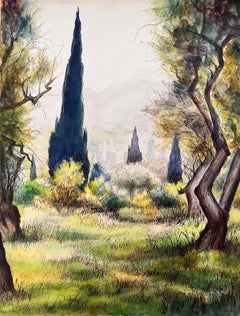 Quadro originale della metà del secolo scorso con cipressi nel giardino di Renoir