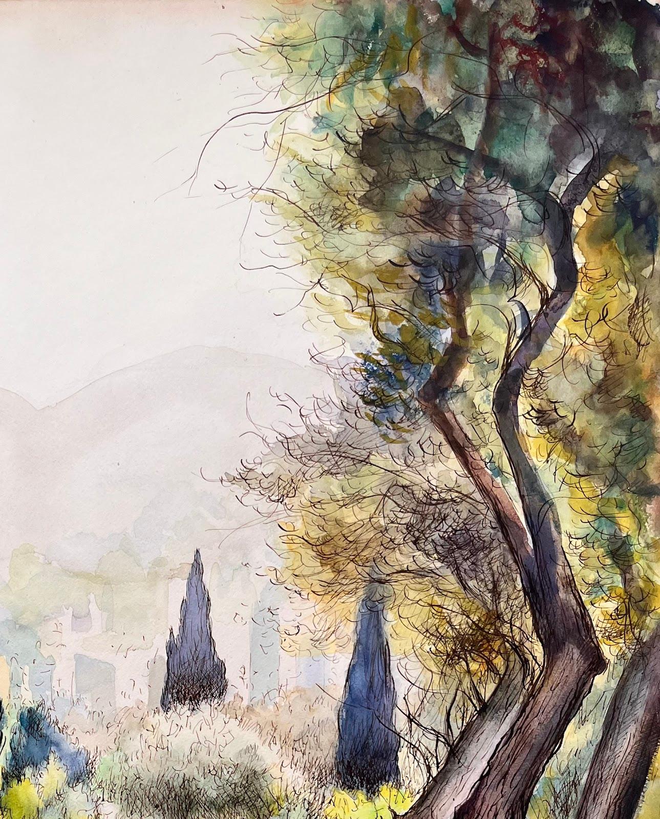 Cuadro original francés de mediados de siglo de Cipreses en el jardín de Renoir - Painting Impresionista de Josine Vignon