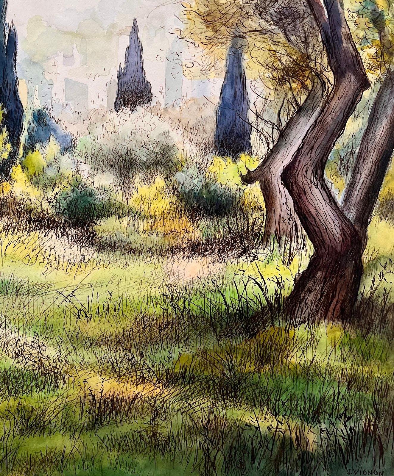 Cuadro original francés de mediados de siglo de Cipreses en el jardín de Renoir - Landscape Painting Beige de Josine Vignon
