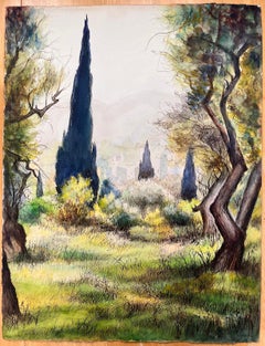 Peinture française d'origine du milieu du siècle dernier représentant des cyprès dans le jardin de Renoir