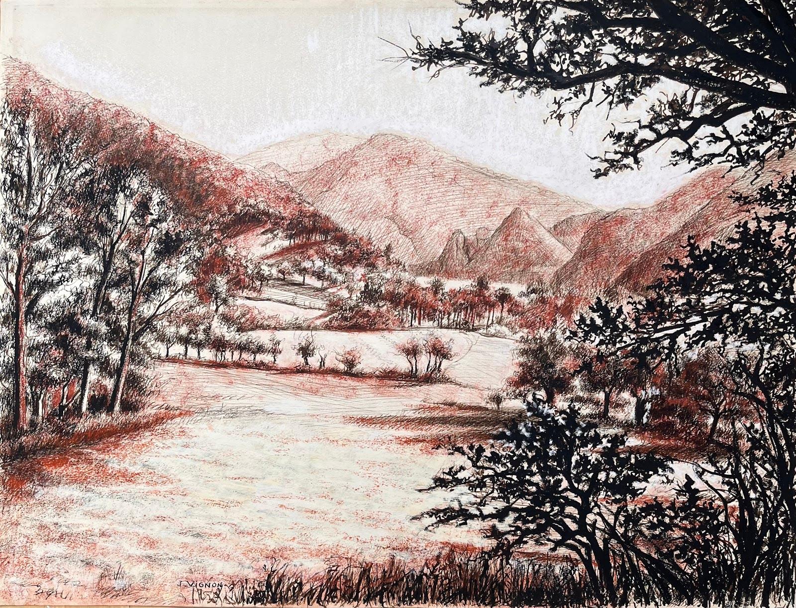 Disegno originale a pastello di un paesaggio montano della metà del secolo scorso - Art di Josine Vignon
