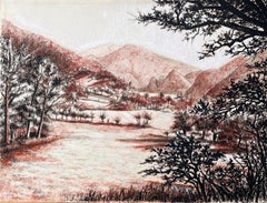 Mid Century French Original Pastel Drawing of a Mountainous Landscape