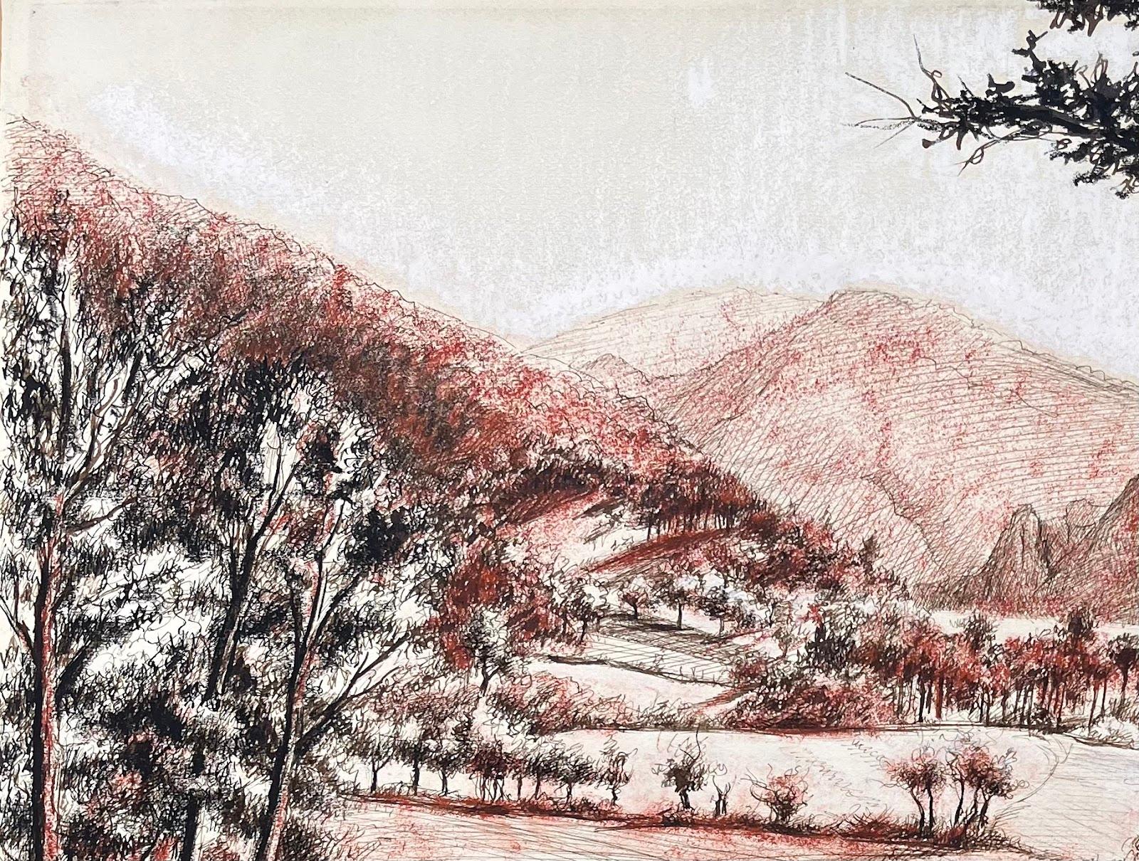 Disegno originale a pastello di un paesaggio montano della metà del secolo scorso - Art Impressionismo di Josine Vignon
