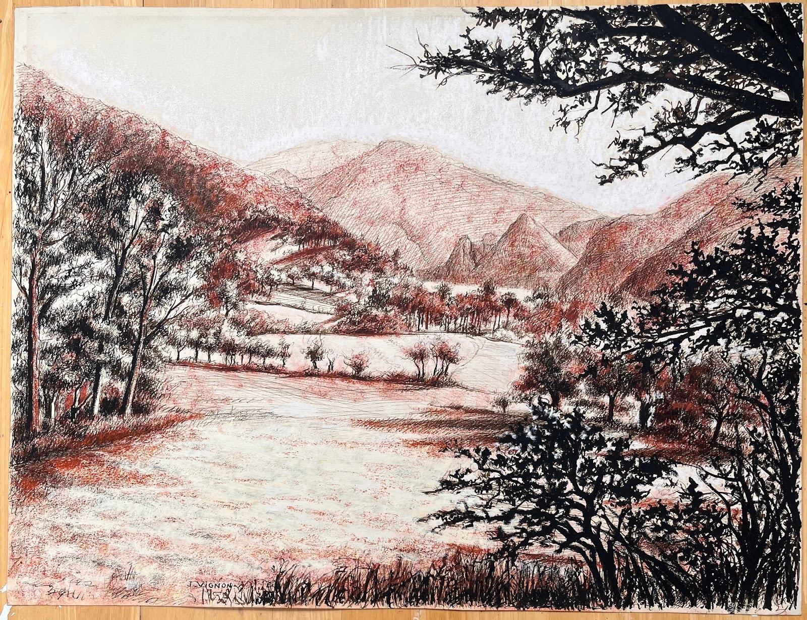 Landscape Art di Josine Vignon - Disegno originale a pastello di un paesaggio montano della metà del secolo scorso